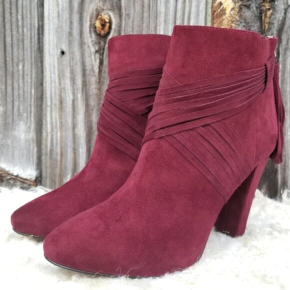 Red Boots WHBM Blayde Size 7 Strappy Ankle Bootie Heel Tassel Zip Suede Leather - Picture 4 of 13